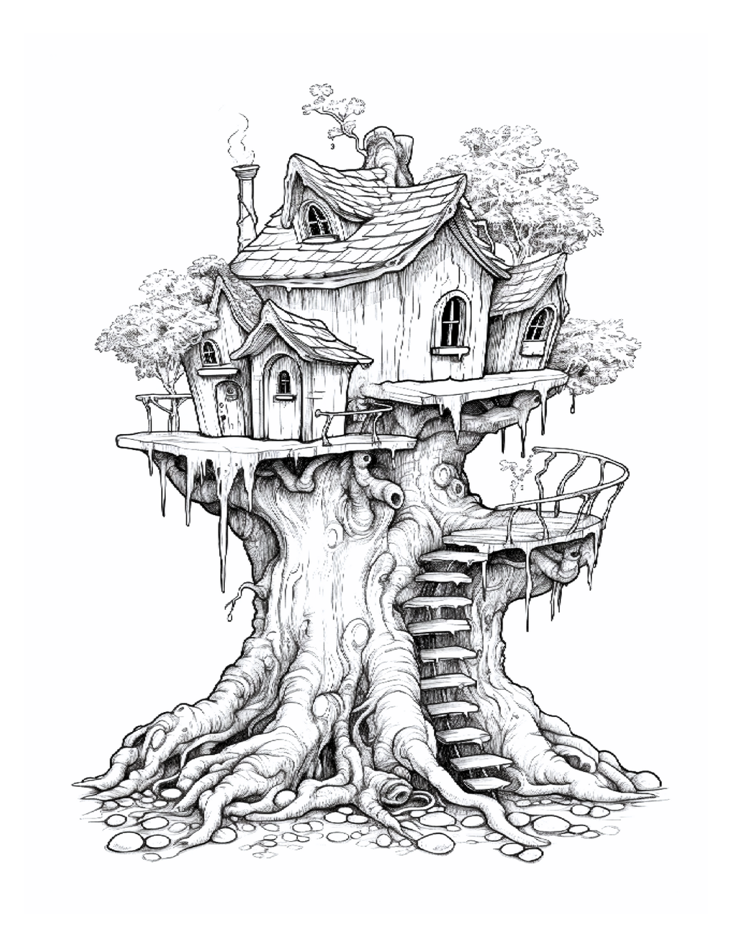 Treehouse illustration with detailed architecture on a white background