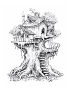 Treehouse illustration with detailed architecture on a white background
