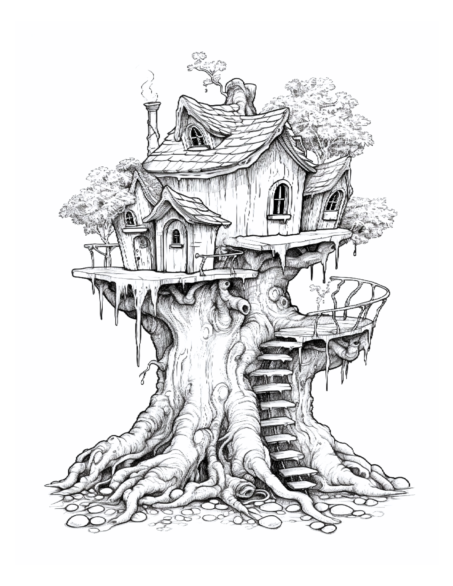Treehouse illustration with detailed architecture on a white background