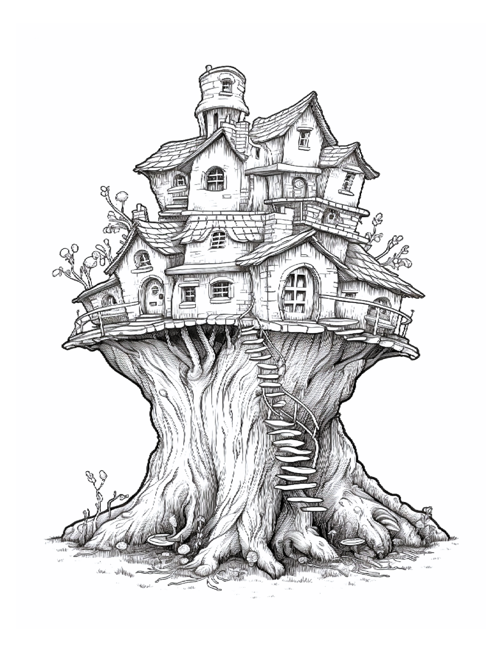 Treehouse illustration with detailed architecture on a white background