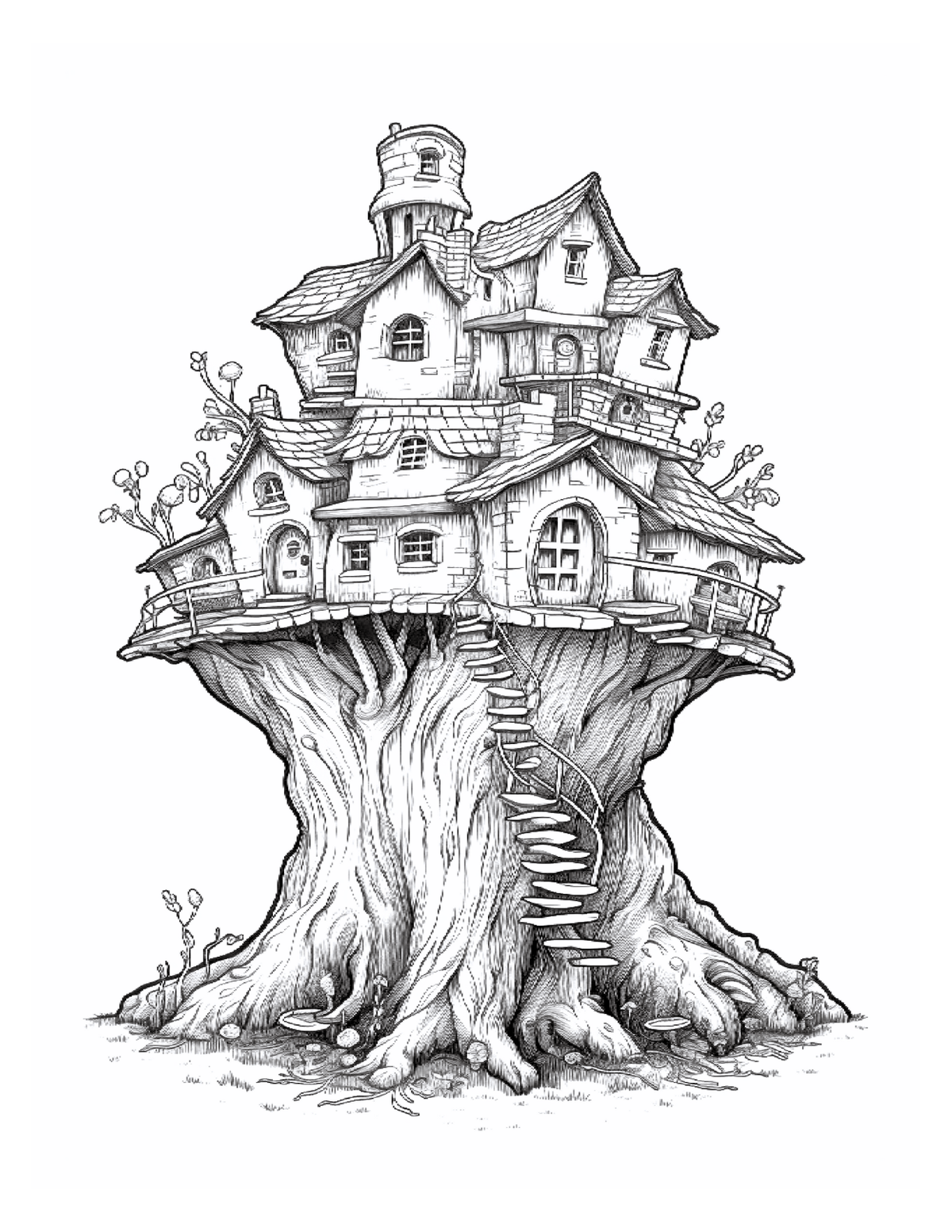 Treehouse illustration with detailed architecture on a white background