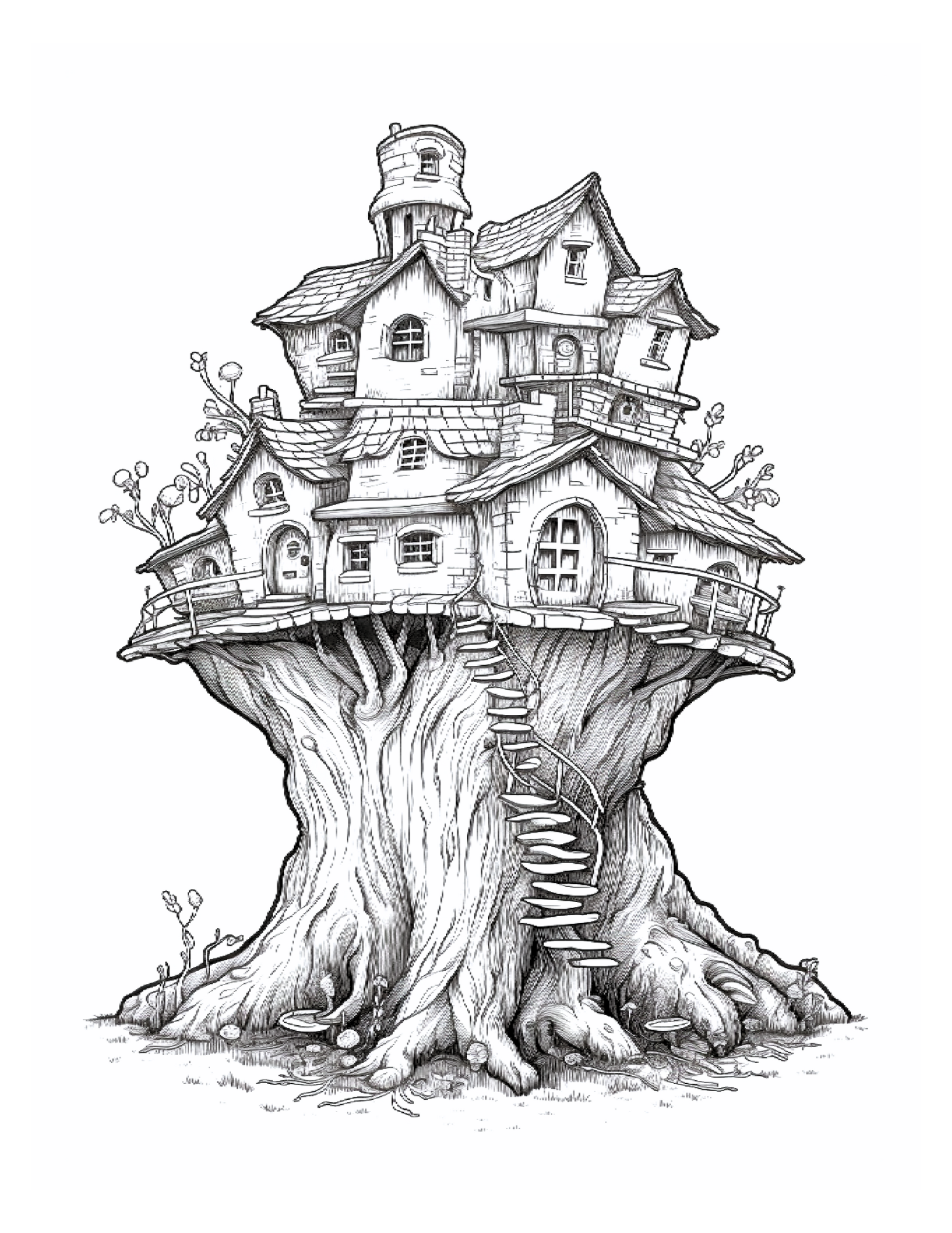 Treehouse illustration with detailed architecture on a white background
