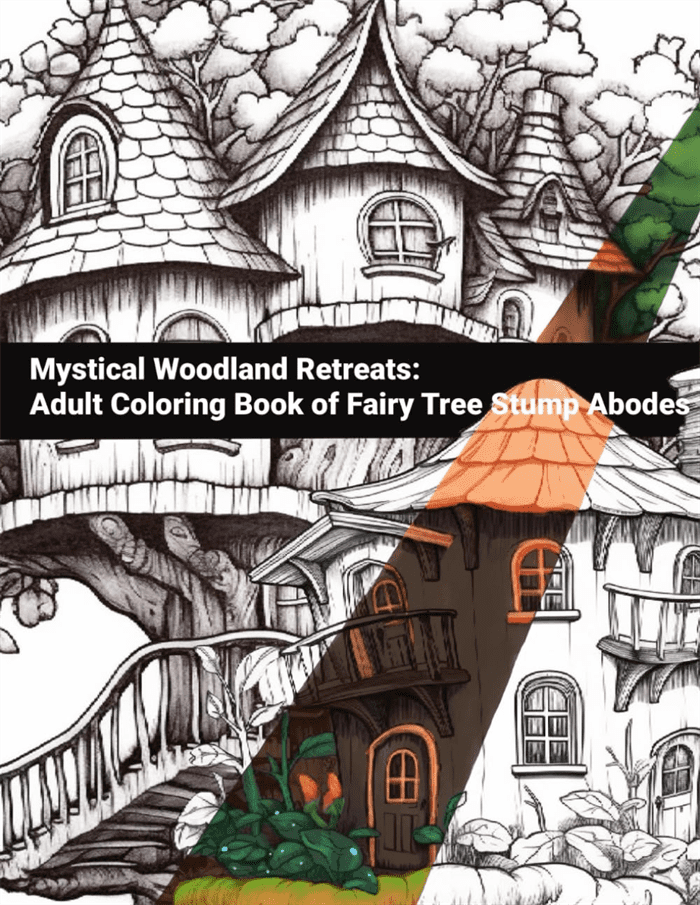 Cover of 'Mystical Woodland Retreats' adult coloring book with fairy tree stump abodes illustration.