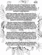 Promotional text for 'Petals in Harmony' adult coloring book with floral illustrations.