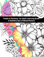 Colorful and black and white floral design with text 'Petals in Harmony: An Adult Colouring Book'.