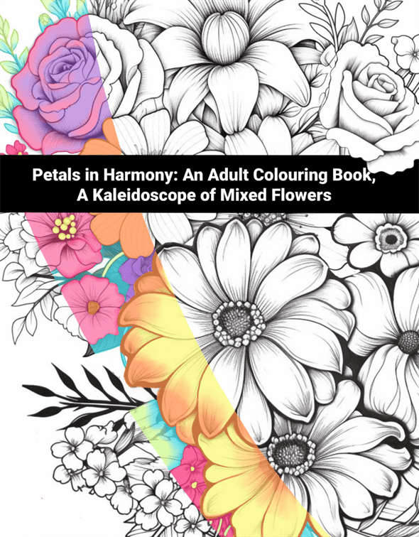 Colorful and black and white floral design with text 'Petals in Harmony: An Adult Colouring Book'.