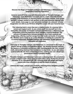 Page from a coloring book with text and illustrations of pumpkin cottages and hideaways.