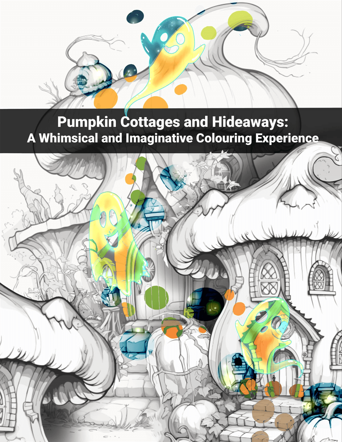 Coloring book cover with pumpkin cottages and hideaways design