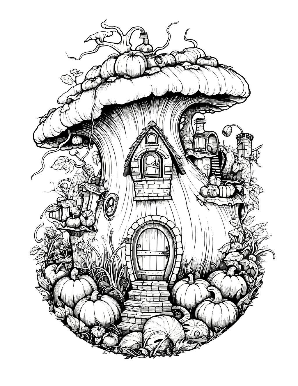 Black and white illustration of a fairy house with pumpkins on a white background