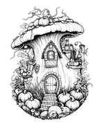 Black and white illustration of a fairy house with pumpkins on a white background