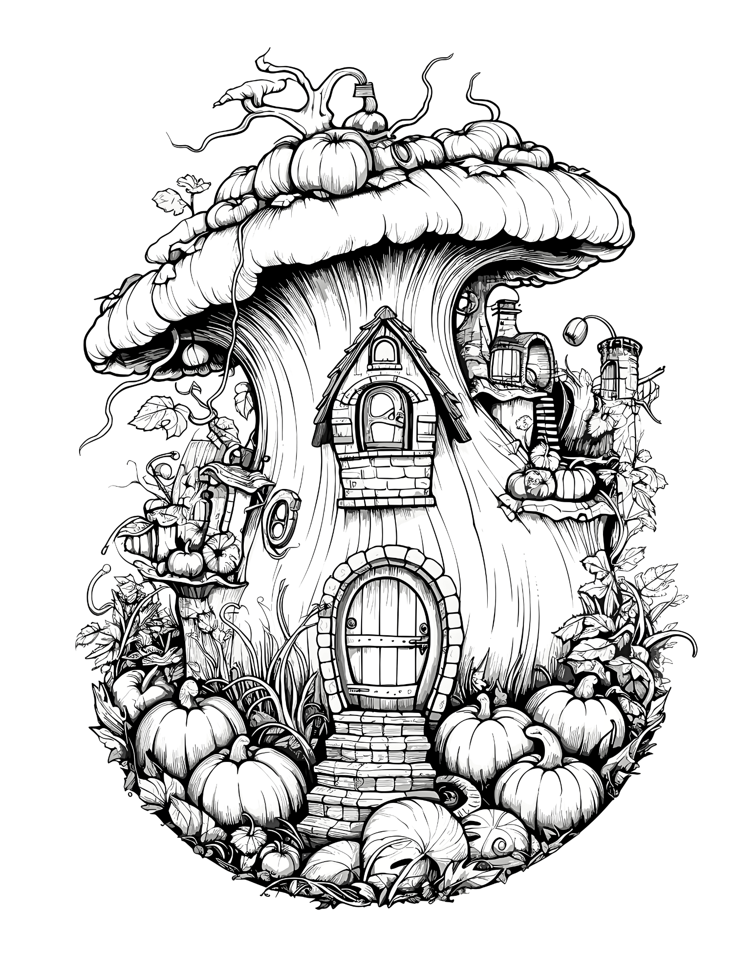 Black and white illustration of a fairy house with pumpkins on a white background