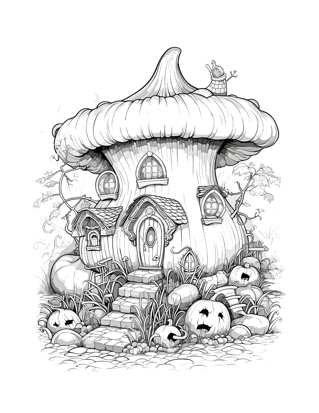 Black and white illustration of a fairy house with pumpkins and a snail.