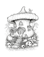 Black and white illustration of a fairy house with pumpkins and a snail.