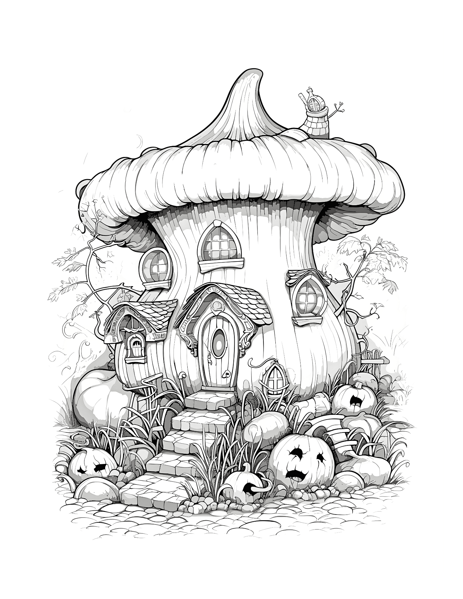 Black and white illustration of a fairy house with pumpkins and a snail.