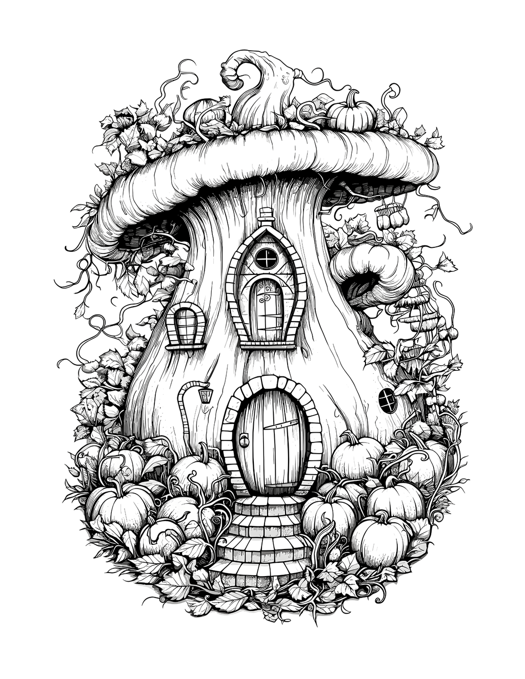 Black and white illustration of a fairy house with pumpkins and leaves.