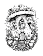 Black and white illustration of a fairy house with pumpkins and leaves.