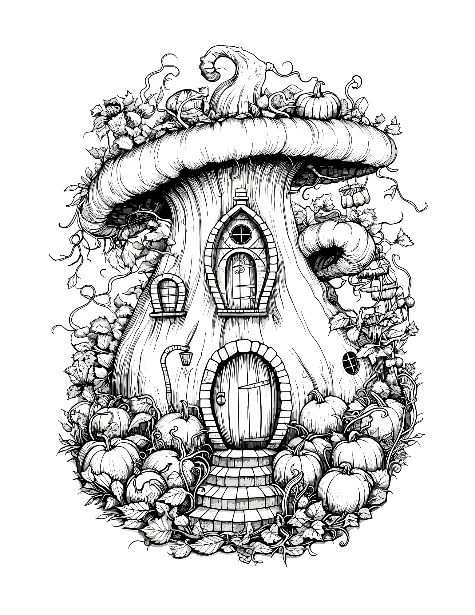 Black and white illustration of a fairy house with pumpkins and leaves.