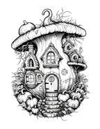 Illustration of a fairy house with a mushroom roof on a white background