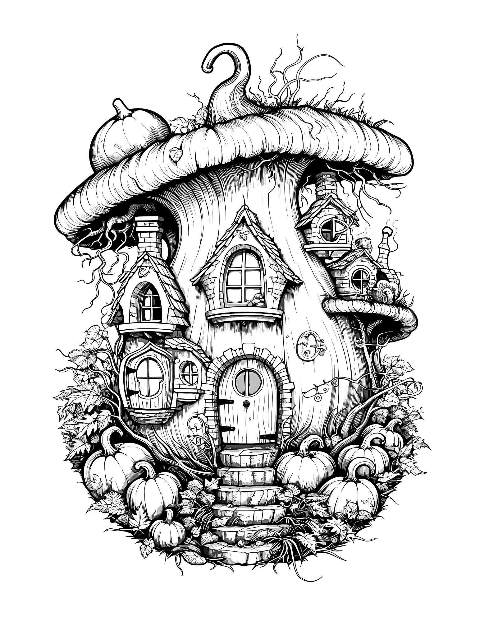 Illustration of a fairy house with a mushroom roof on a white background
