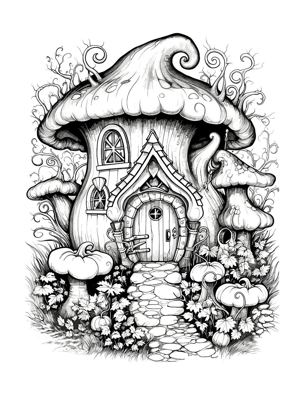 Black and white illustration of a mushroom-shaped house with decorative elements on a white background