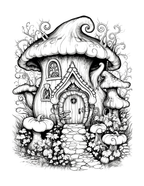 Black and white illustration of a mushroom-shaped house with decorative elements on a white background