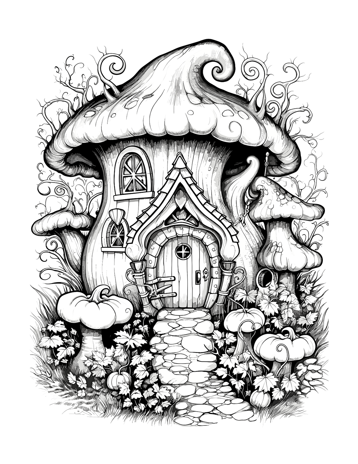 Black and white illustration of a mushroom-shaped house with decorative elements on a white background