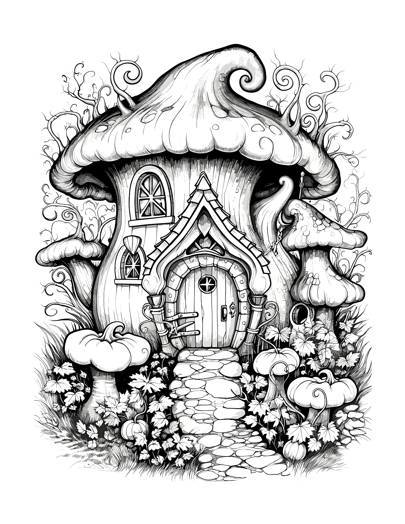 Black and white illustration of a mushroom-shaped house with decorative elements on a white background
