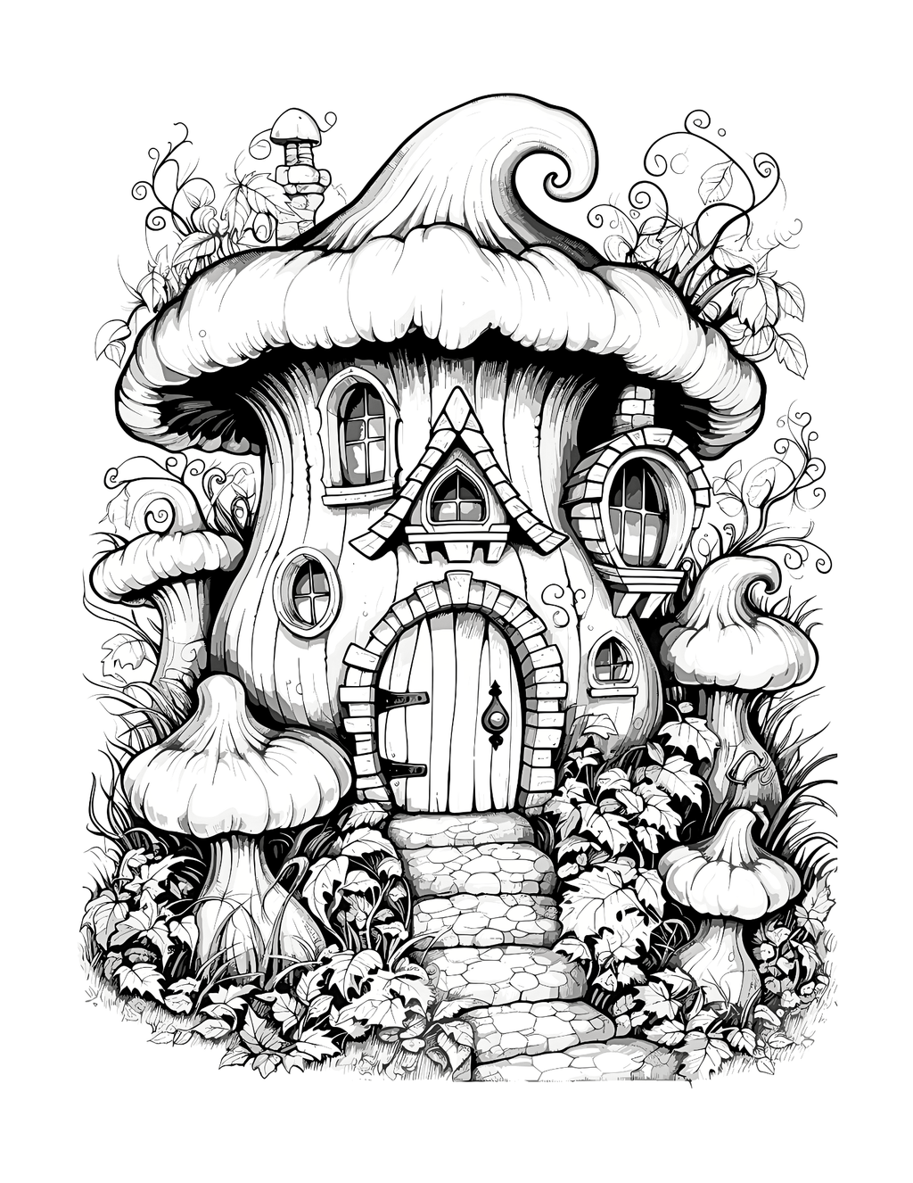 Black and white illustration of a fairy tale mushroom house with decorative elements on a white background