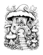 Black and white illustration of a fairy tale mushroom house with decorative elements on a white background