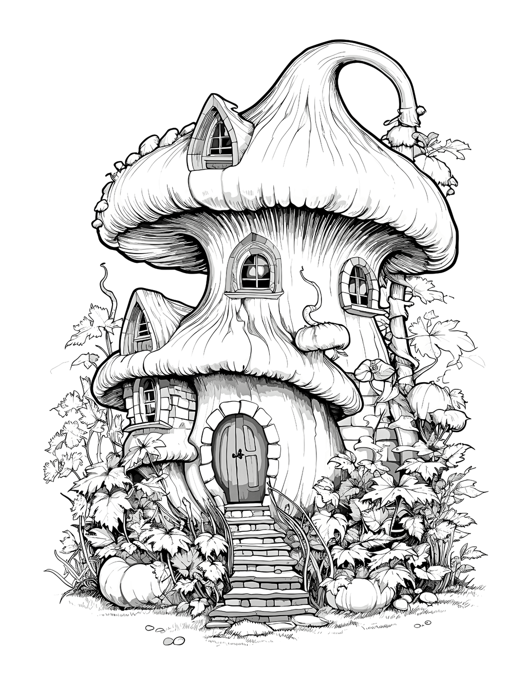 Black and white illustration of a mushroom-shaped house with decorative elements on a white background
