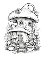 Black and white illustration of a mushroom-shaped house with decorative elements on a white background
