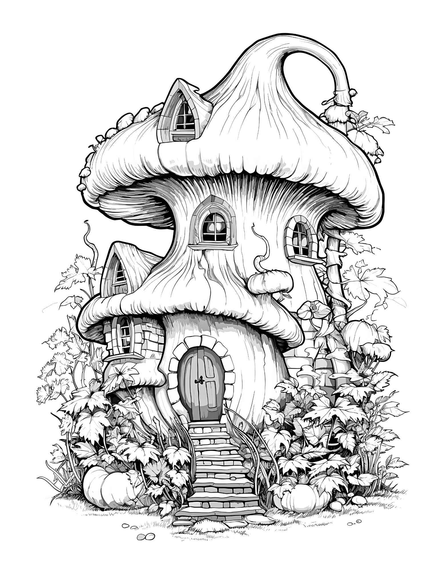 Black and white illustration of a mushroom-shaped house with decorative elements on a white background