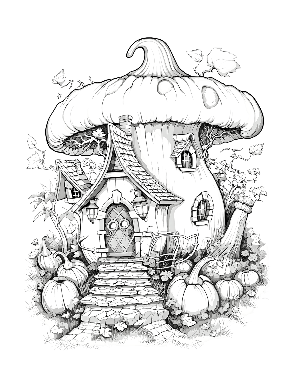 Illustration of a fairy tale house with a mushroom roof on a white background