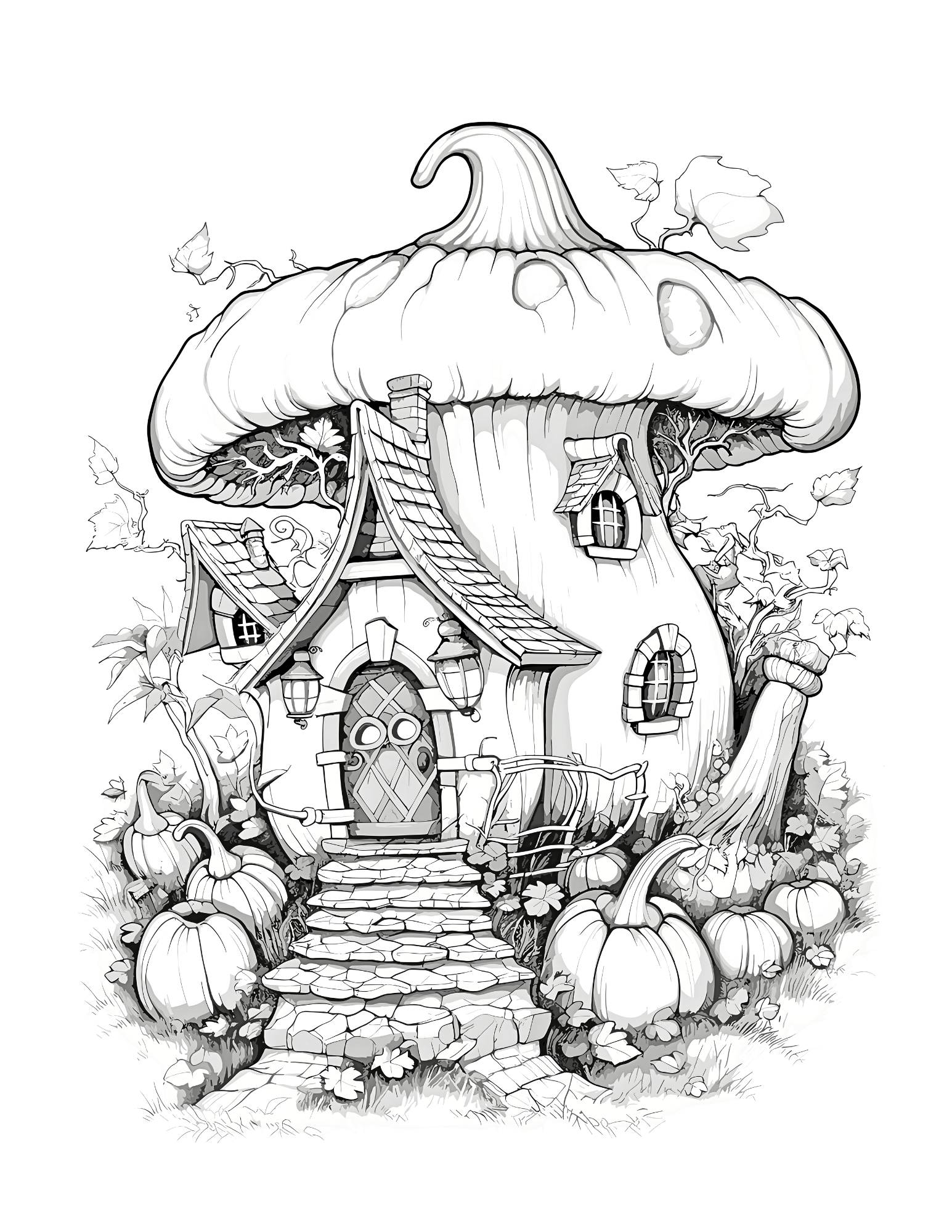 Illustration of a fairy tale house with a mushroom roof on a white background