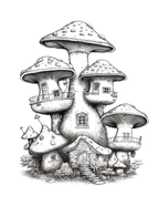 Illustration of a mushroom-shaped house with multiple rooms on a white background