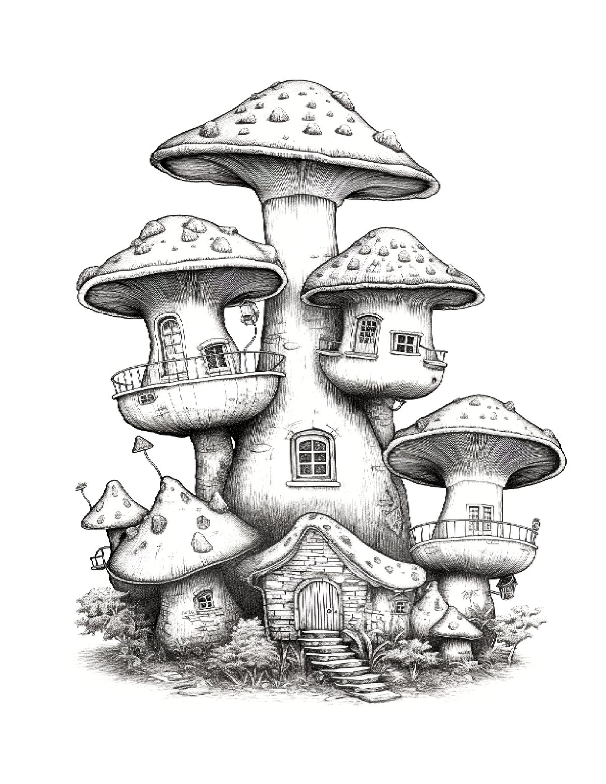 Illustration of a mushroom-shaped house with multiple rooms on a white background