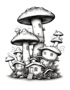 Illustration of a mushroom-shaped house with a whimsical design on a white background
