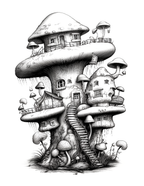 Illustration of a whimsical mushroom house with a staircase on a white background