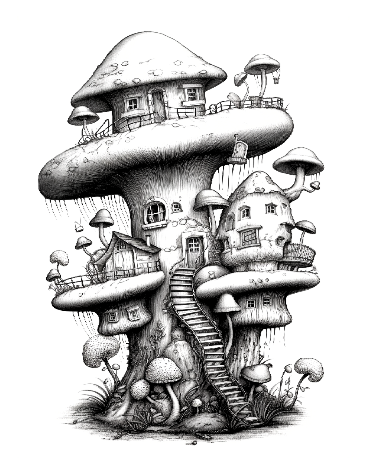 Illustration of a whimsical mushroom house with a staircase on a white background