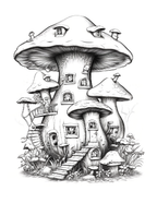 Illustration of a mushroom-shaped house with a fantasy design on a white background