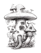 Illustration of a whimsical mushroom house with various small rooms and windows.