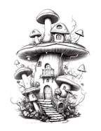 Black and white illustration of a mushroom house with detailed architecture on a white background