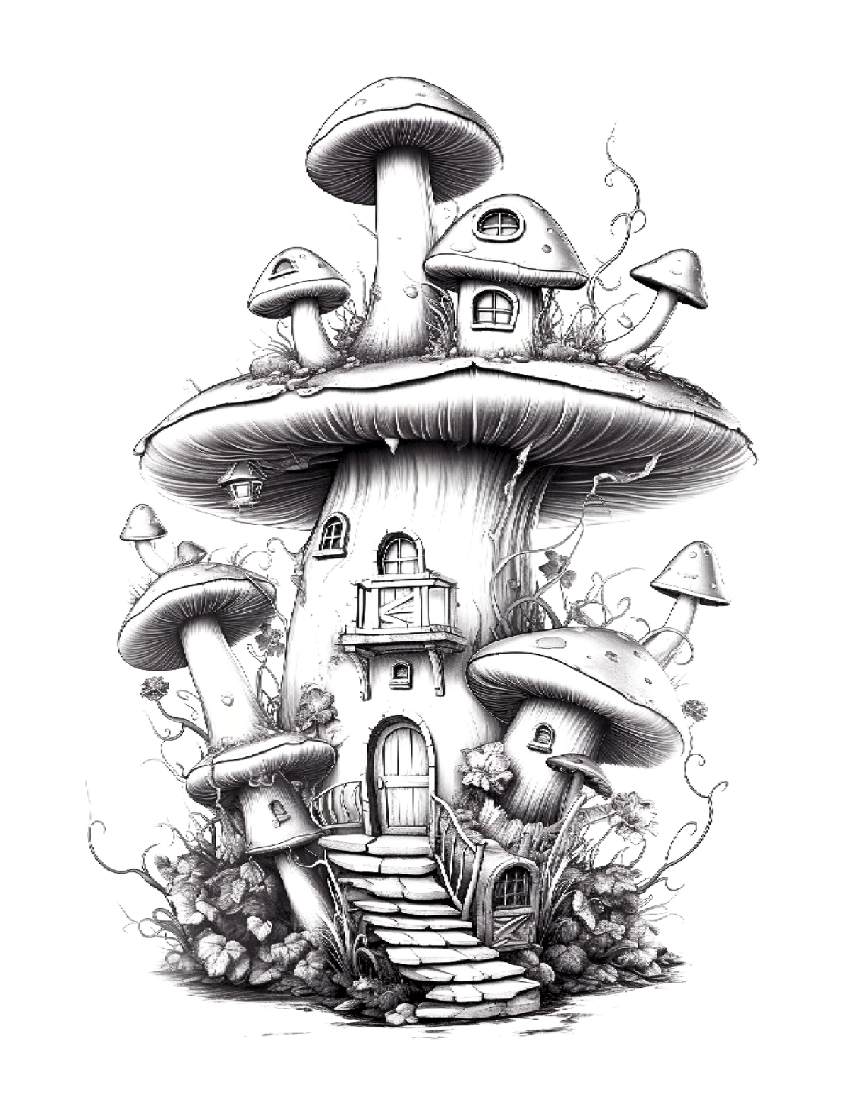 Black and white illustration of a mushroom house with detailed architecture on a white background