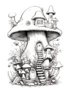 Illustration of a mushroom-shaped house with a staircase and small windows, surrounded by other mushrooms.