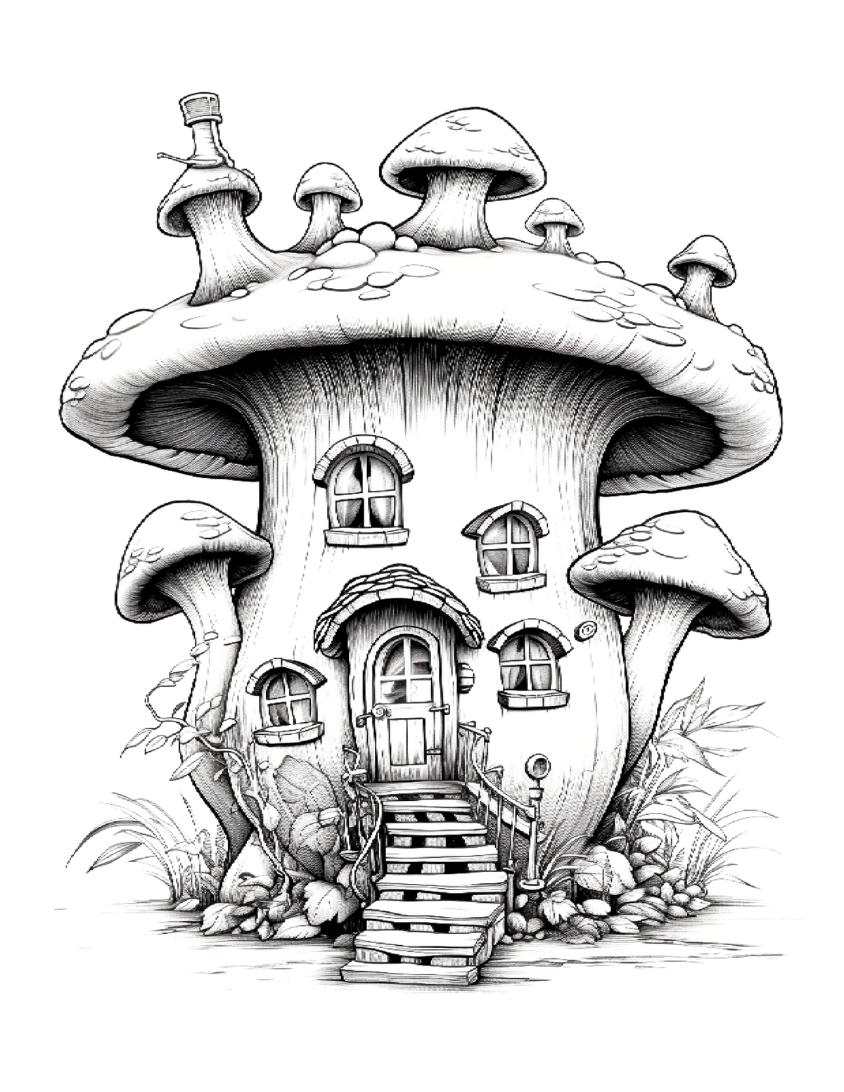 Illustration of a mushroom-shaped house with a staircase on a white background
