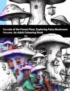 Adult coloring book with mushroom houses and fantasy elements on a black background