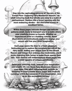 Promotional text for 'Secrets of the Forest Floor: Exploring Fairy Mushroom Houses' adult coloring book with mushroom illustrations.