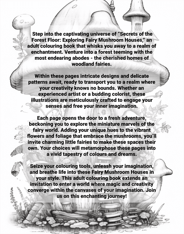 Promotional text for 'Secrets of the Forest Floor: Exploring Fairy Mushroom Houses' adult coloring book with mushroom illustrations.