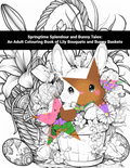 Coloring book cover with a bunny in a teacup surrounded by flowers and text about springtime and bunnies.