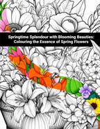 Coloring book page with spring flowers and text 'Springtime Splendour with Blooming Beauties'.